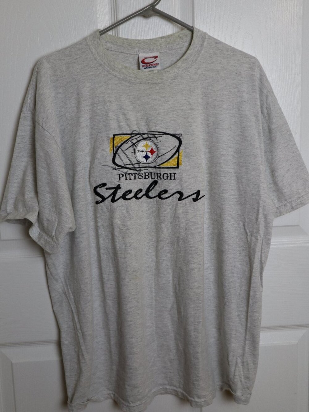 Vtg Pittsburgh Steelers Tee Shirt Embroidered Mens Sz L Cadre Athletic